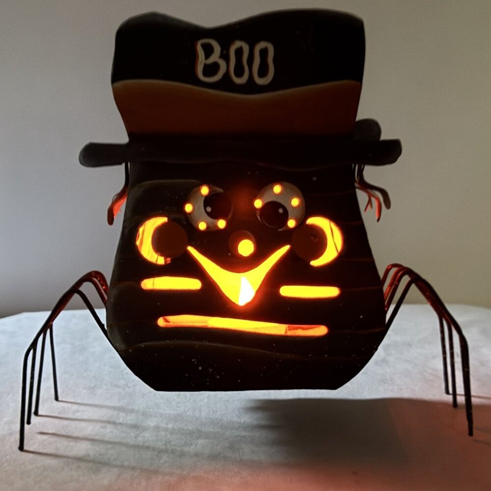Halloween Metal Spider Tealight Candle Holder 9"x8" "Boo" Hat Spooky Glow Black - Picture 2 of 13